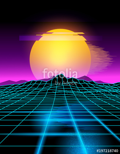 390x500 Futuristic Neon Grid Lines And Mountain Landscape With A Neon Sun