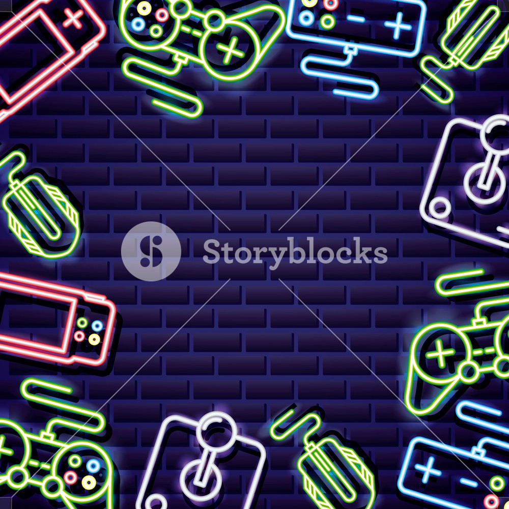 1000x1000 Video Games Controls Neon Background Vector Illustration Royalty
