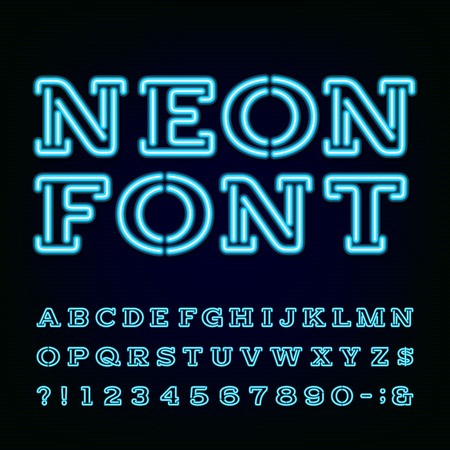 450x450 Neon Light Alphabet Font Type Letters, Numbers And Symbols Blue