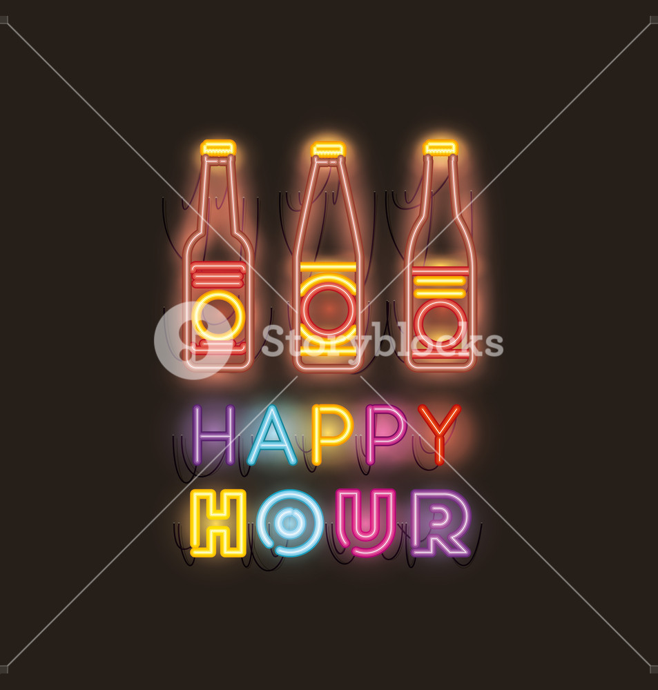 953x1000 Happy Hour With Beer Bottle Fonts Neon Lights Vector Illustration