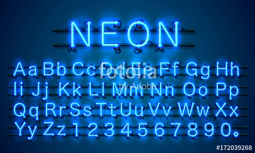 500x300 Neon City Color Blue Font English Alphabet And Numbers Sign