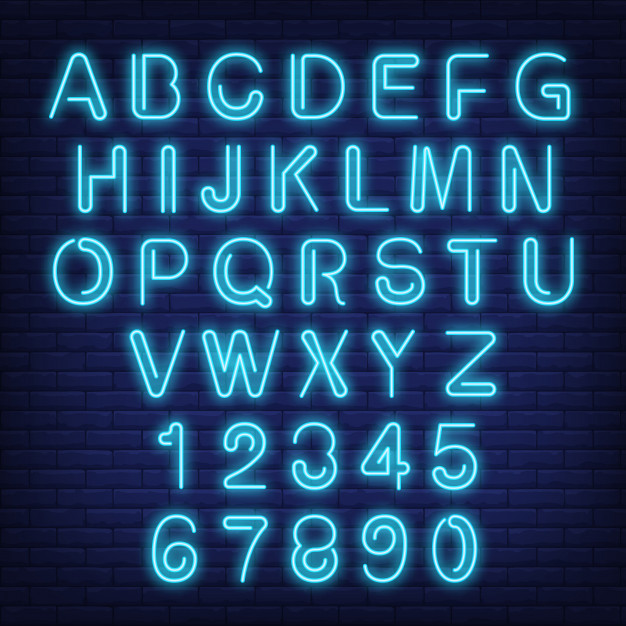 626x626 English Alphabet And Numbers Neon Sign With Blue Letters Vector