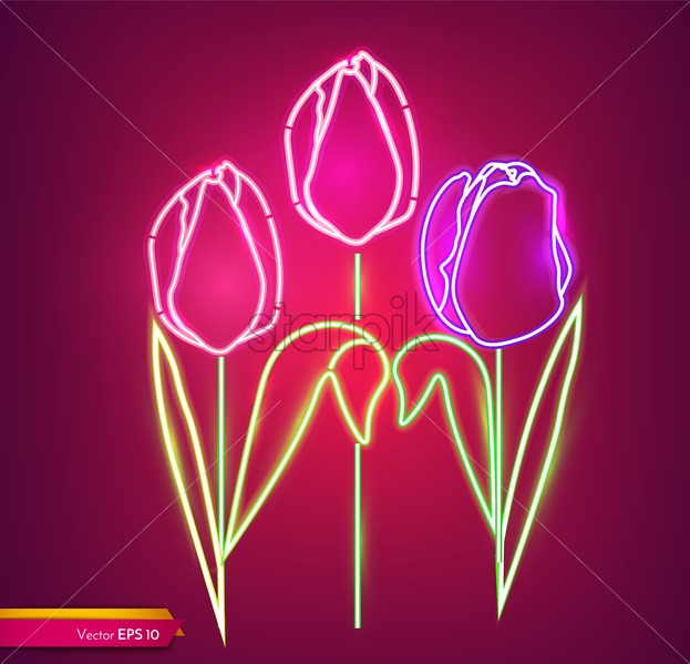 623x599 Tulip Flowers Neon Light Vector Vintage Board Glowing Bouquet