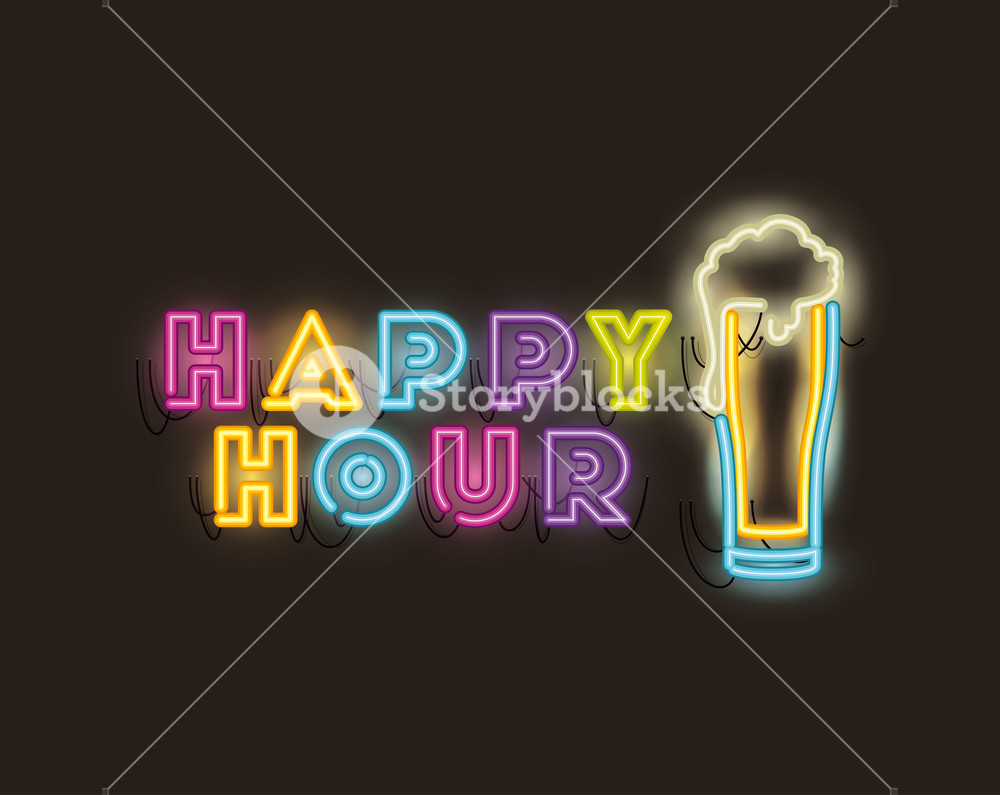 1000x795 Happy Hour With Beer Jar Fonts Neon Lights Vector Illustration