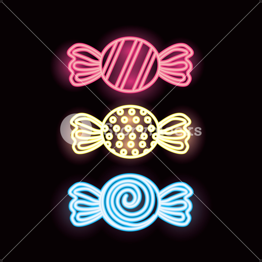 1000x1000 Sweet Candy Caramels Flavors Neon Lights Vector Illustration