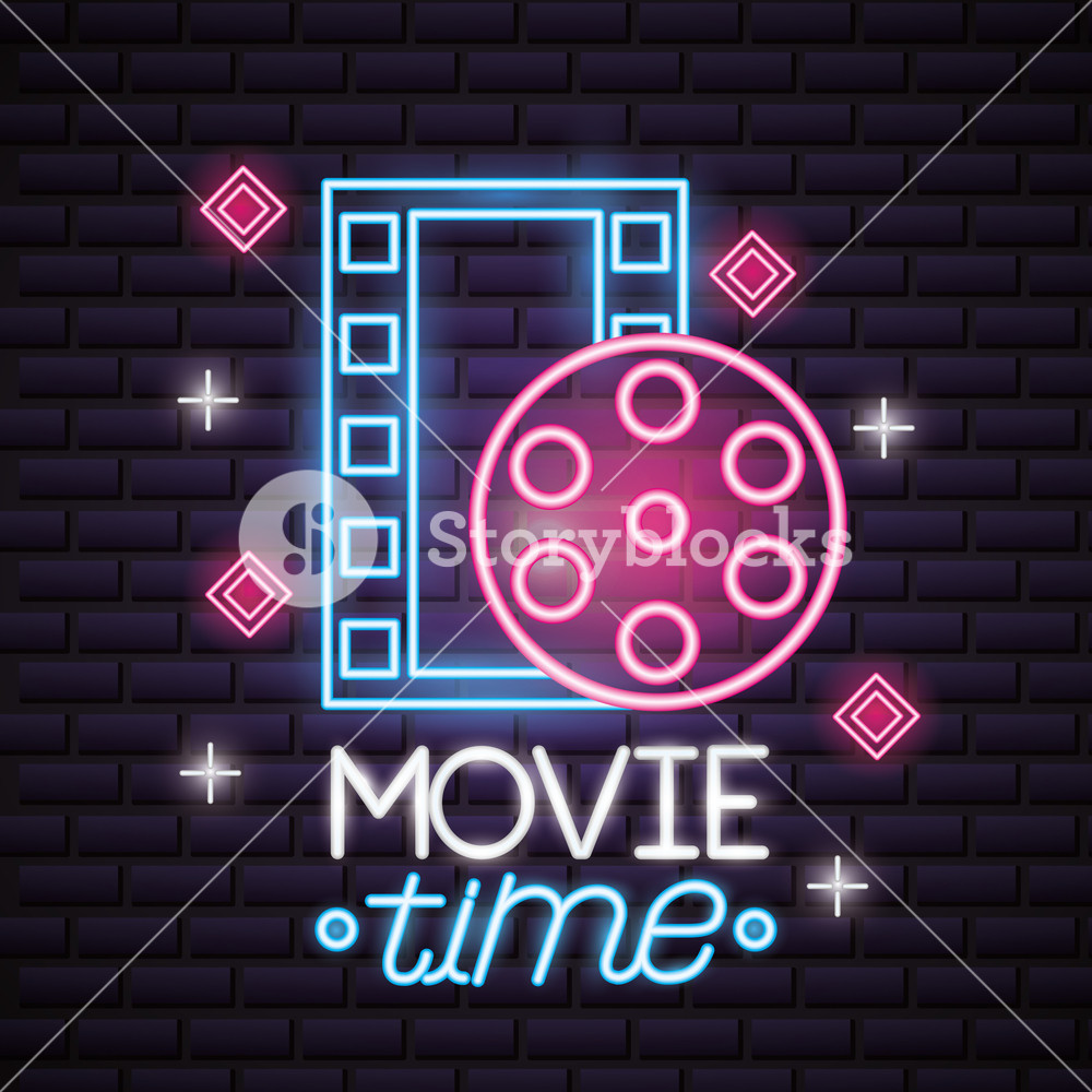 1000x1000 Film Reel Strip Movie Time Neon Vector Illustration Royalty Free