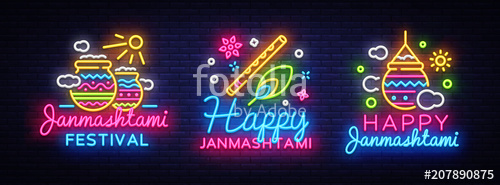 500x185 Happy Janmashtami Greeting Card Collection Neon Vector Design