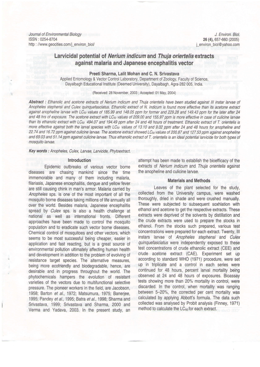 850x1202 Pdf Larvicidal Potential Of Nerium Indicum And Thuja Oriertelis