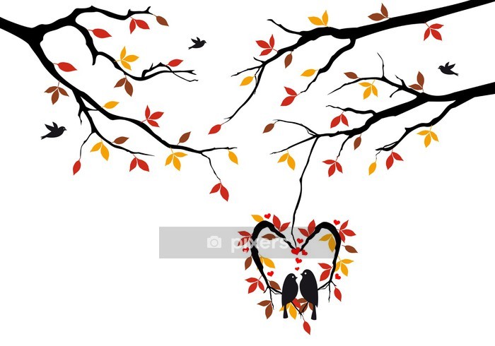 700x490 Birds On Autumn Tree In Heart Nest, Vector Wall Decal Pixers