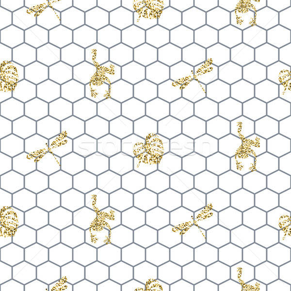 600x600 Netting Outline Seamless Pattern With Gold Glitter Insects Vector