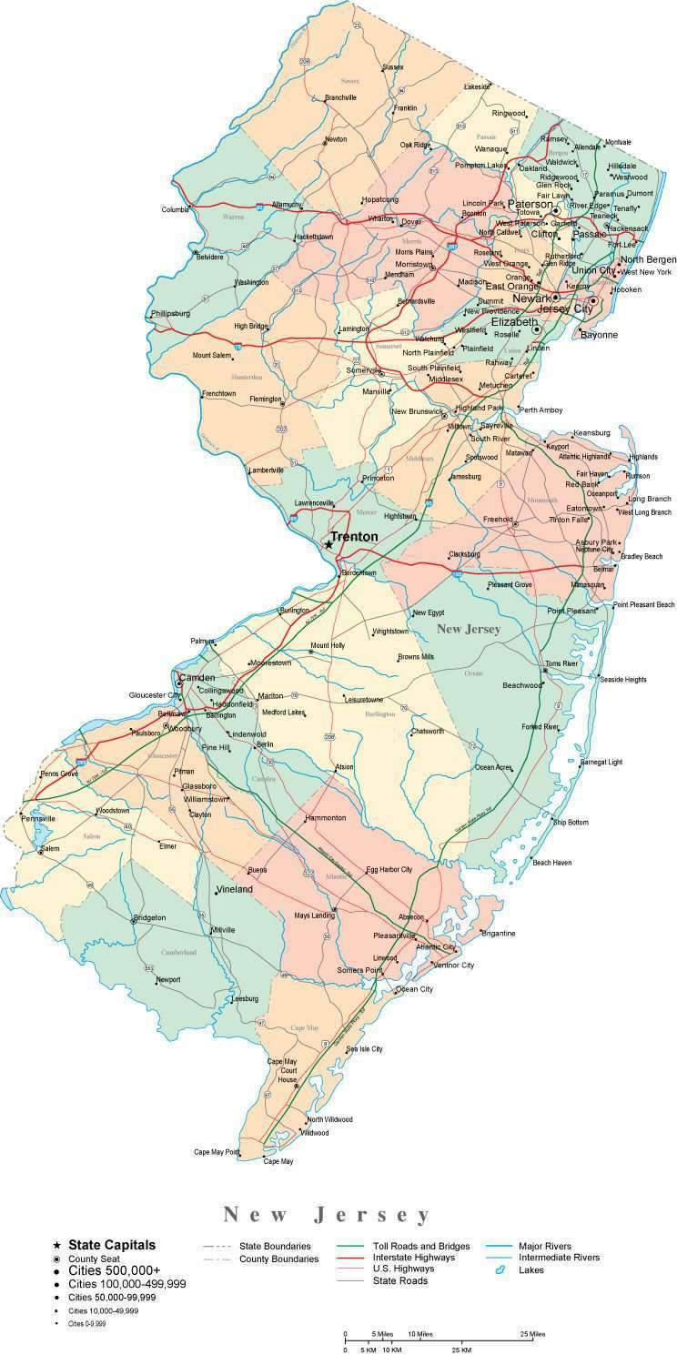 New Jersey Digital Vector Map With Counties, Major Cities, Roads 744x1489 New Jersey Digital Vector Map With Counties, Major Cities, Roads