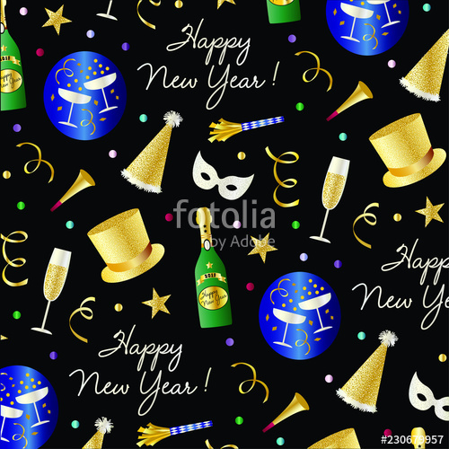 500x500 New Years Eve Vector Pattern With Top Hats, Champagne Masks