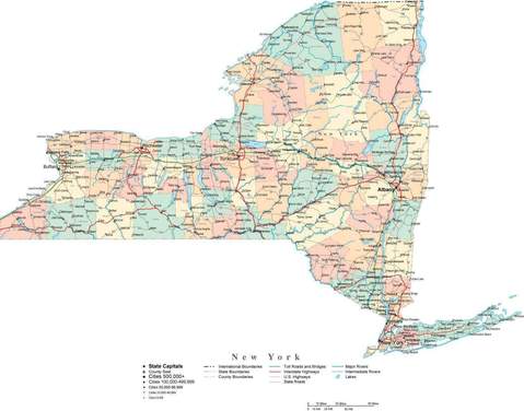 479x376 New York State Digital Vector Map With Counties, Major Cities