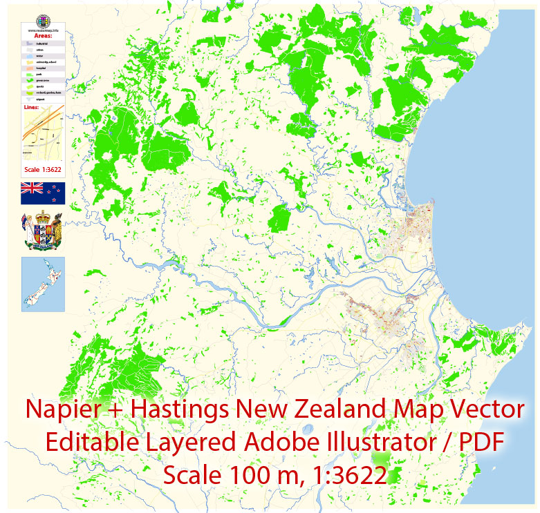 781x743 Napier + Hastings New Zealand Map Vector Exact City Plan Detailed