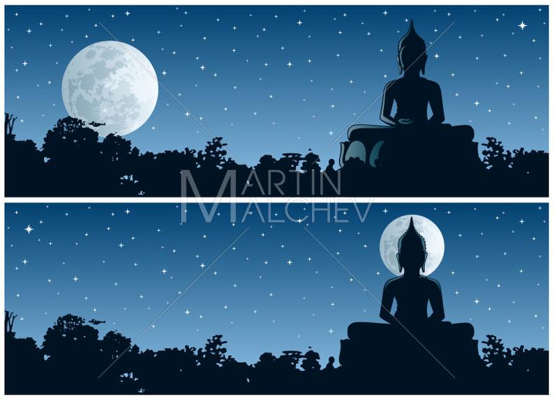 794x575 Buddha Night Vector Cartoon Clipart Illustration Statue Etsy