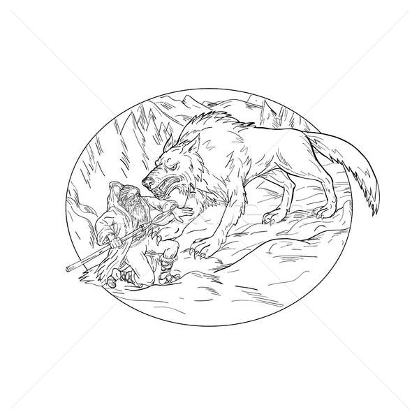 600x600 Fenrir Attacking Norse God Odin Drawing Black And White Vector