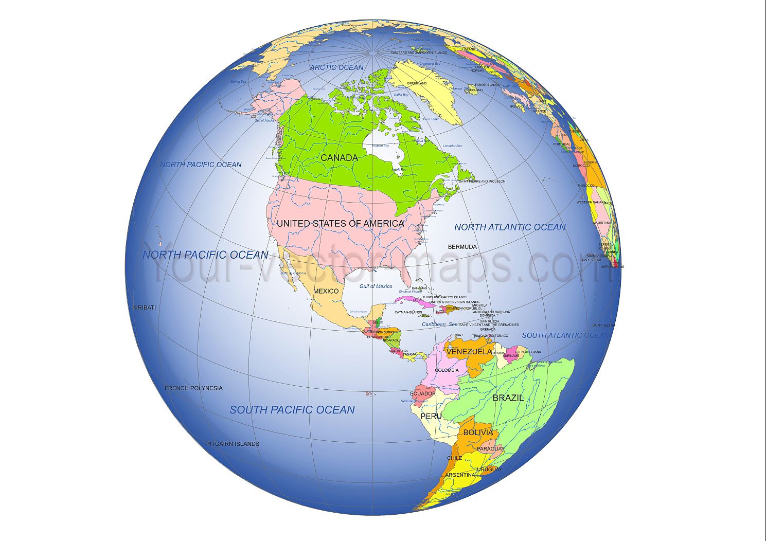 1489x1052 North America And Middle America Centered Globe Vector Map Globe