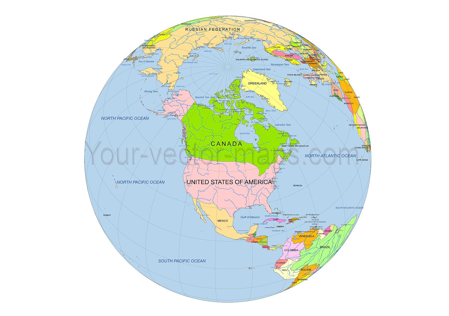 1493x1052 Simple Globe Map Of North America Country Name, Ocean Name