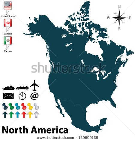 450x470 Vector Of Political Map Of North America Set With Buttons Flags