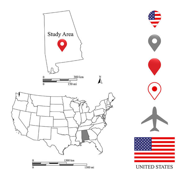 600x573 Usa Map Scale Vector Outline Illustration Background Alabama Map