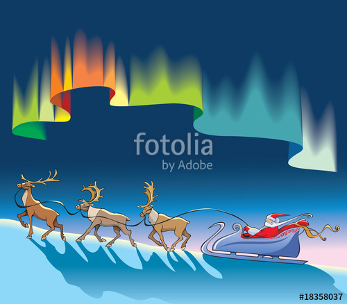 500x438 Santa Sleighing With Reindeer, Under Northern Lights, Vector