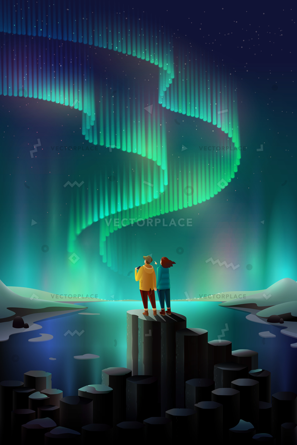 1000x1500 Young Couple Watching Northern Lights Iceland Vector Illustration