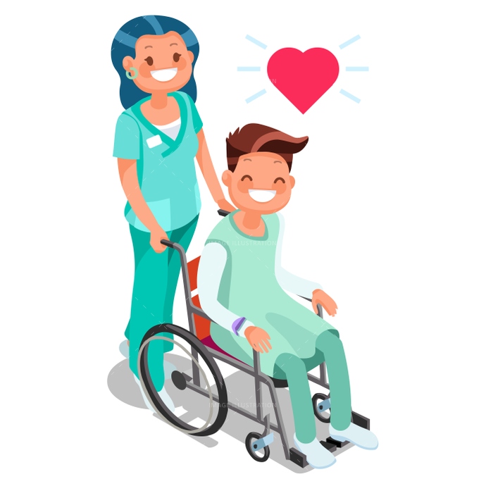 690x690 Nurse With Patient In Wheelchair Isometric People Cartoon Vector
