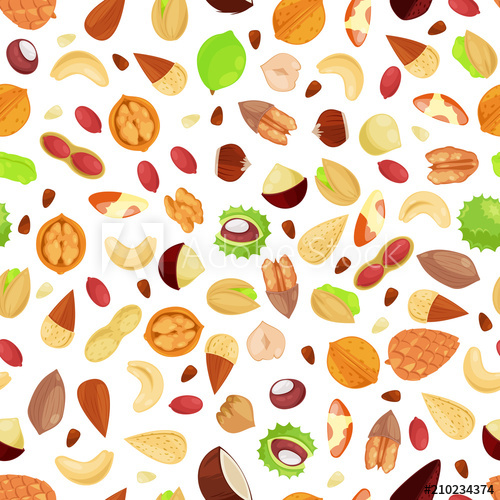 500x500 Mixed Nuts Vector Seamless White Pattern Cartoon Flat