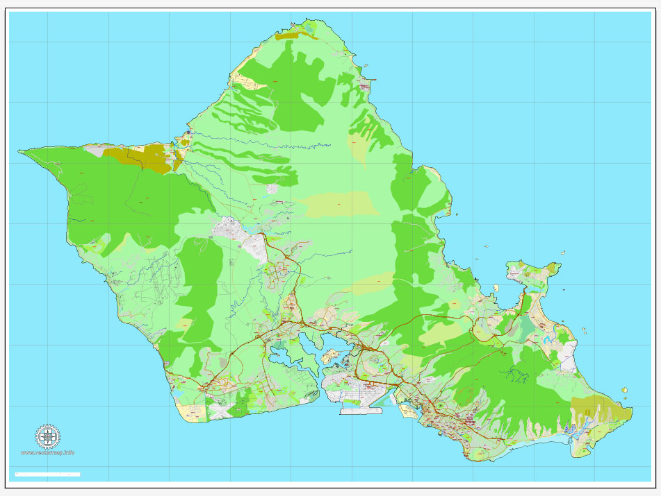 951x715 Honolulu, Oahu, Hawaii, Printable Vector Street Map, City Plan, Fully