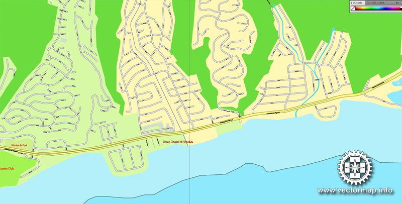 800x406 Honolulu, Oahu, Hawaii, Printable Vector Street Map, City Plan