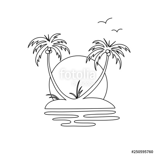 500x500 Hand Line Drawing Of An Oasis Island With Two Palm Trees, Sunset