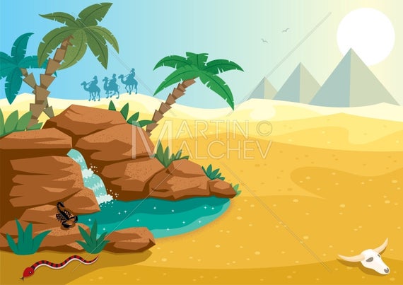 570x403 Desert Oasis Vector Cartoon Clipart Illustration Desert Etsy