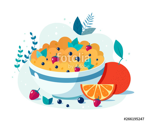 500x417 Bowl Of Oatmeal With Strawberries And Blueberries Vector Flat