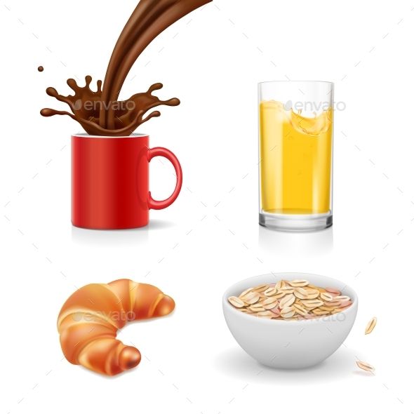 590x590 Breakfast Icons Croissant And Oatmeal, Coffee And Orange Juice