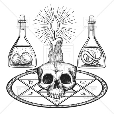 400x400 Sketch Of Skull With Candle, Alchemy Occult Elements Vector Image
