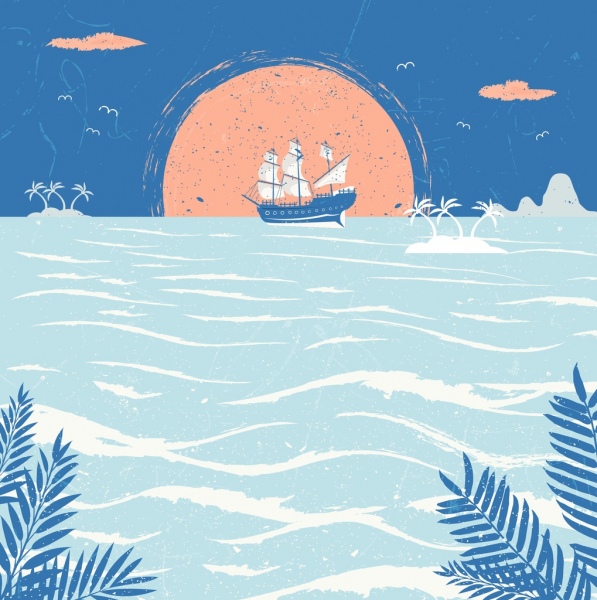 597x600 Ocean Drawing Sailboat Sea Sun Icons Retro Design Free Vector