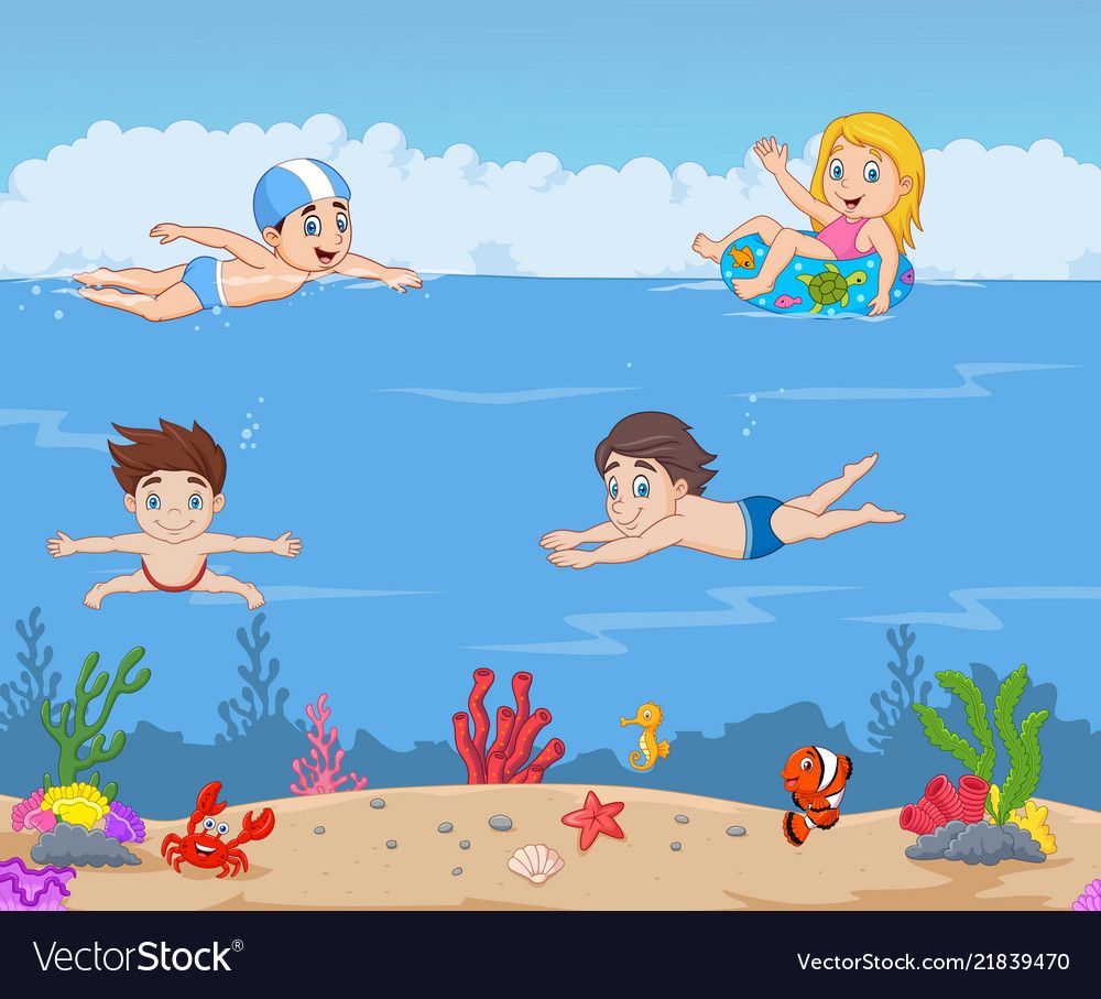 1000x907 Cartoon Kids Swimming In The Tropical Ocean Vector Image