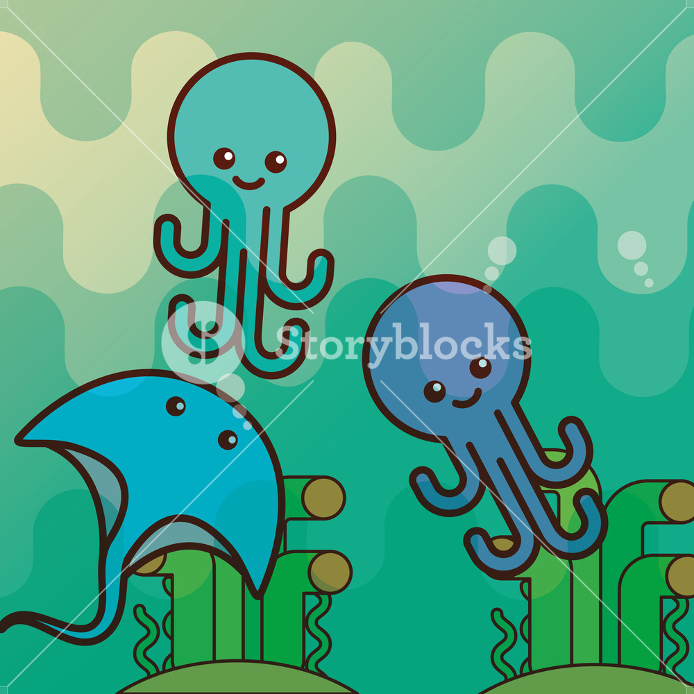 1000x1000 Stingray Octopus Coral Sea Life Cartoon Ocean Vector Illustration