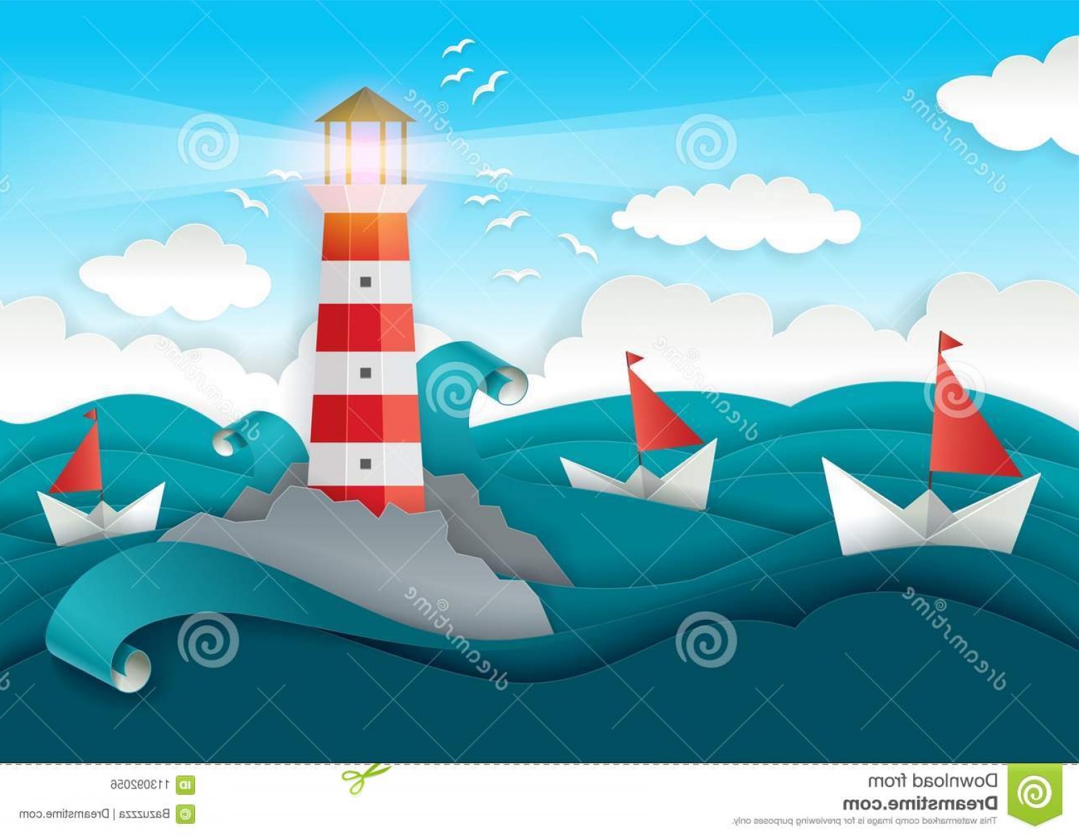 1560x1210 Lighthouse Boats Floating Sea Vector Paper Art Illustration Modern