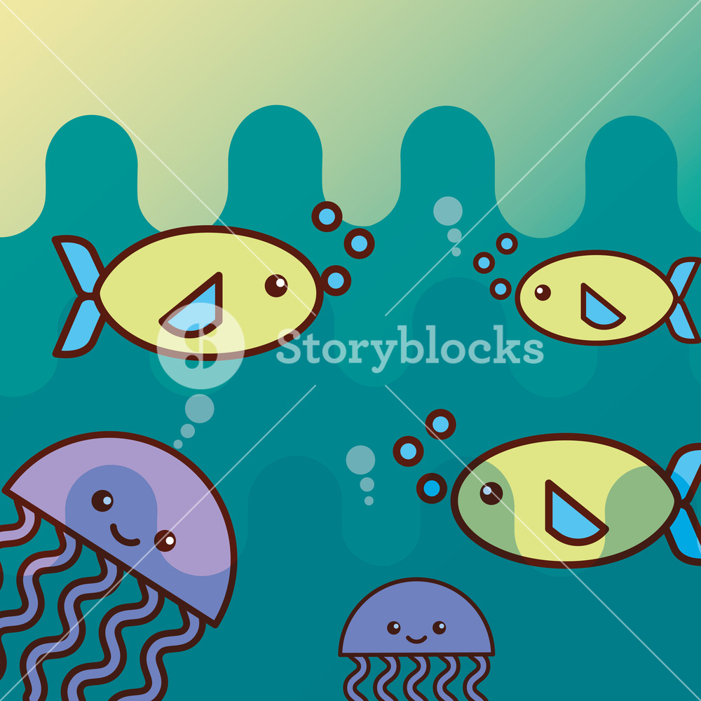 Fish Jellyfish Sea Life Cartoon Ocean Vector Illustration Royalty 1000x1000 Fish Jellyfish Sea Life Cartoon Ocean Vector Illustration Royalty