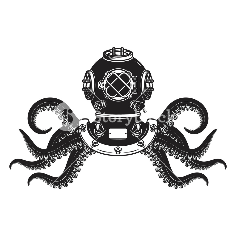 1000x1000 Vintage Diver Helmet With Octopus Tentacles Design Element