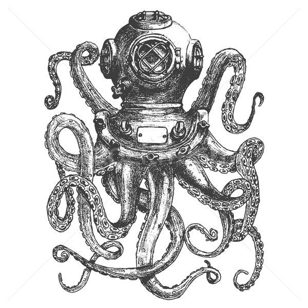 600x600 Vintage Style Diver Helmet With Octopus Tentacles Vector