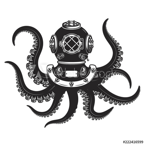 500x500 Diver Helmet With Octopus Tentacles Isolated On White Background
