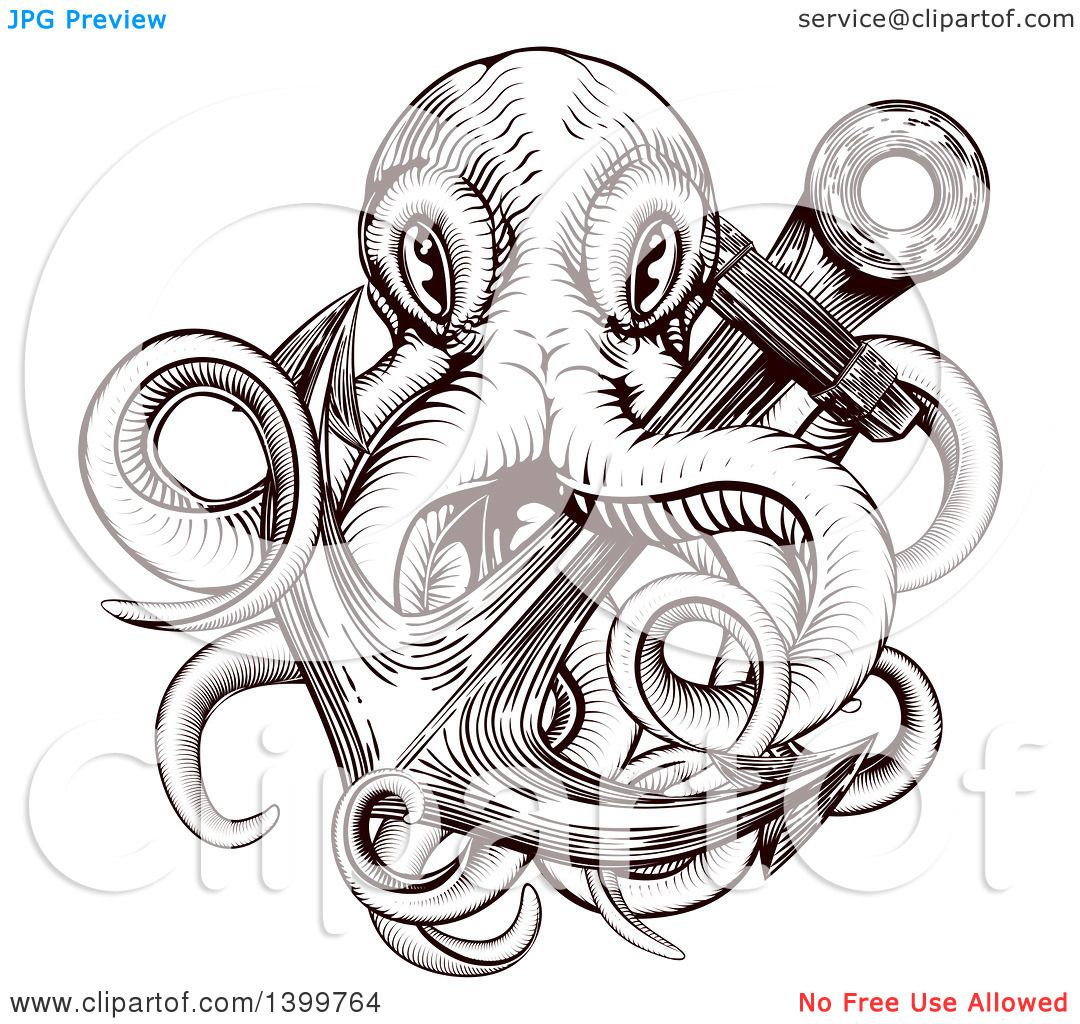 1080x1024 Clipart Of A Brown Woodblock Octopus And Anchor