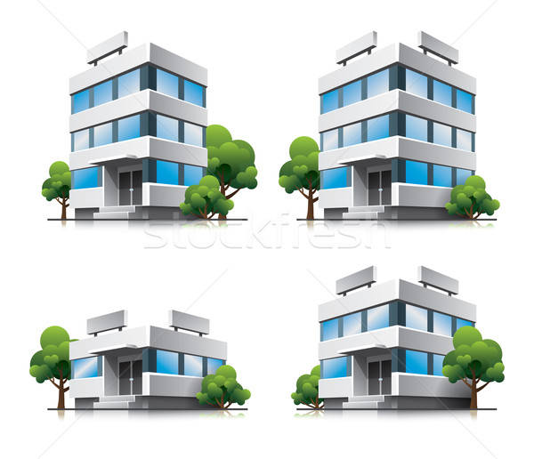 600x516 Four Cartoon Office Vector Buildings With Trees Vector