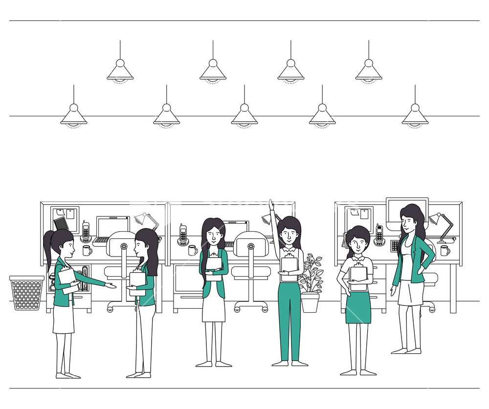 1000x837 Group Of Women With Green Clothes In The Office Vector