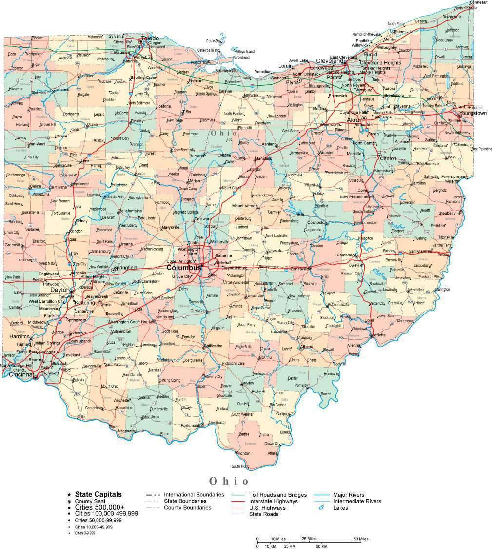 1009x1126 Ohio Digital Vector Map With Counties, Major Cities, Roads, Rivers