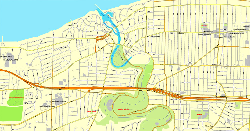 1000x523 Pdf Map Cleveland, Ohio, Us, Printable Editable Vector Map City Plan