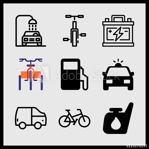 500x500 Simple Icon Set Of Car Related Tricycle, Van, Car Wash And Oil