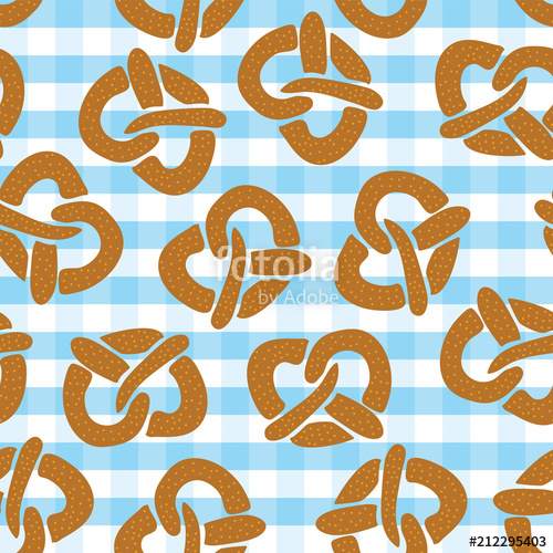 500x500 Pretzel Seamless Pattern For Oktoberfest On A Blue And White Plaid
